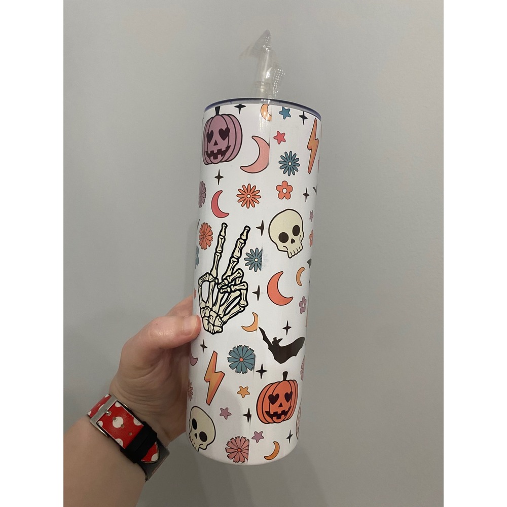 Halloween Tumbler Unisex 20oz White Here For The Boos Retro Groovy Disco Pumpkin - Picture 4 of 8